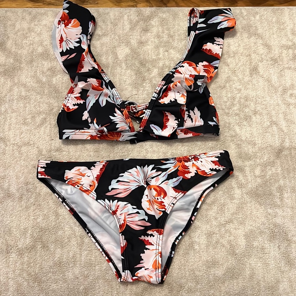 Black and floral ruffle bikini